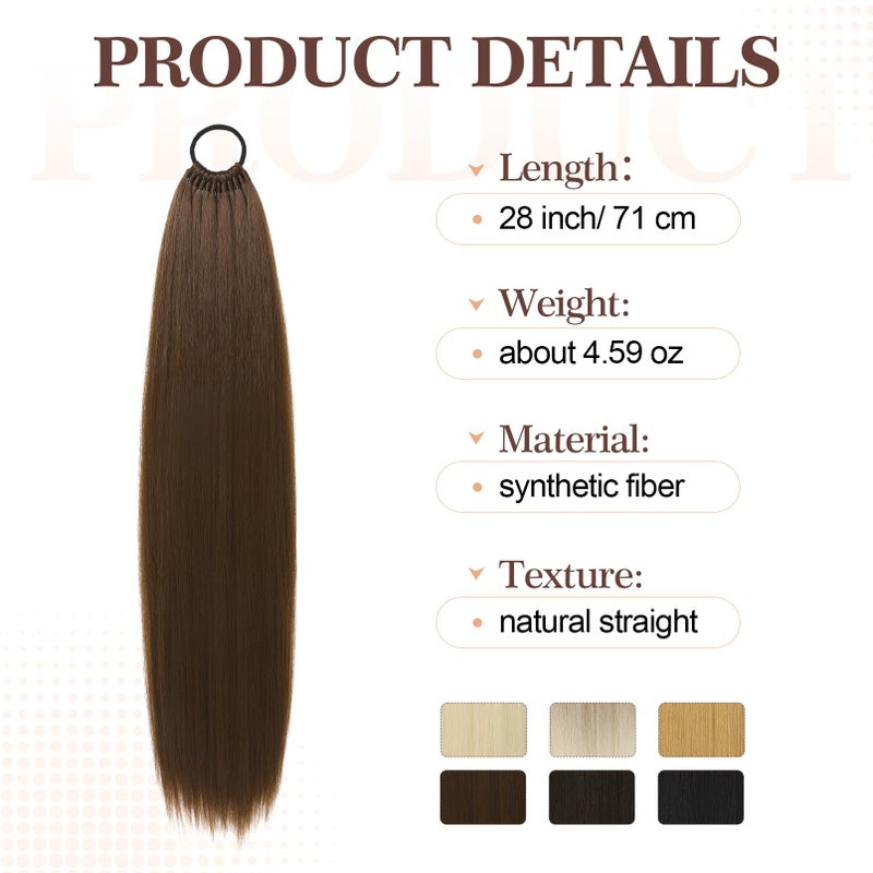 FLUFYMOOZ 28 Inch Ponytail Extension, Versatile Elastic Band Ponytail Extension for Women, Long Straight Synthetic Ponytail Daily Hair Chocolate Brown - Image 3